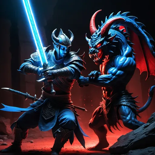 Prompt: a warrior in action with his glowing blue broadsword fighting againt a black and red demon trying to attack him with his big claws