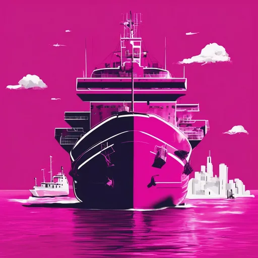 Prompt: Create a large ship in magenta with a lot of similiar but small ships around it. 
Label the large ship with the letters "DTAG"
Add a half sunken small boat.