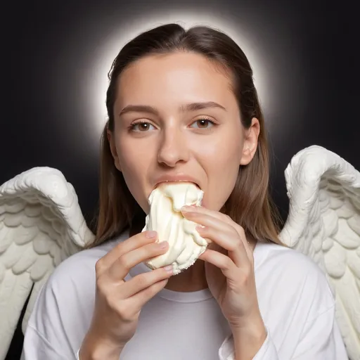 Prompt: An angel eating cream cheese in heaven