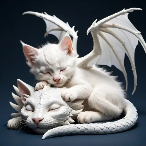 Prompt: a kitten with wings is sleeping with a white dragon 