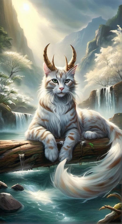 Prompt: a painting of a cat with horns sitting on a log in a river with waterfall in the background and a waterfall in the foreground, Anne Stokes, fantasy art, majestic, an airbrush painting