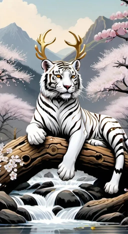 Prompt: magical white tiger with golden leopard spots and golden antlers sitting on fallen log over bubbling, but peaceful river with white cherry blossoms in the background and mountains behind that