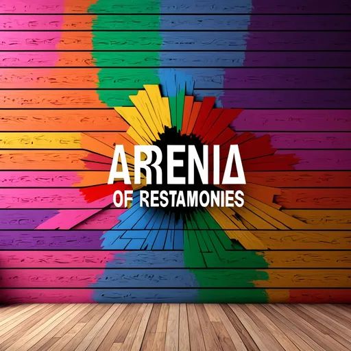 Prompt: A 3D render of a large wall painted with white paint, with the name "ARENA OF TESTIMONIES, written in vibrant colors: red, yellow, green, blue, pink, orange, purple, and black. The background features a wall made of wooden planks. The image is hyper-captivating, with a typographic focus, and a cinematic aspect ratio.