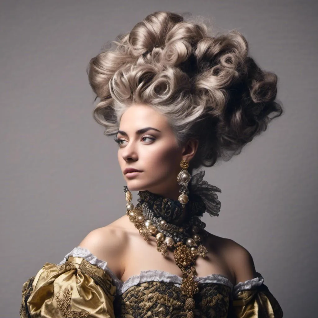 Prompt: <mymodel>Woman with weird baroque hairstyle, in ornate and exeggerated roccoco-baroque clothing, studio lighting, hyper realistic