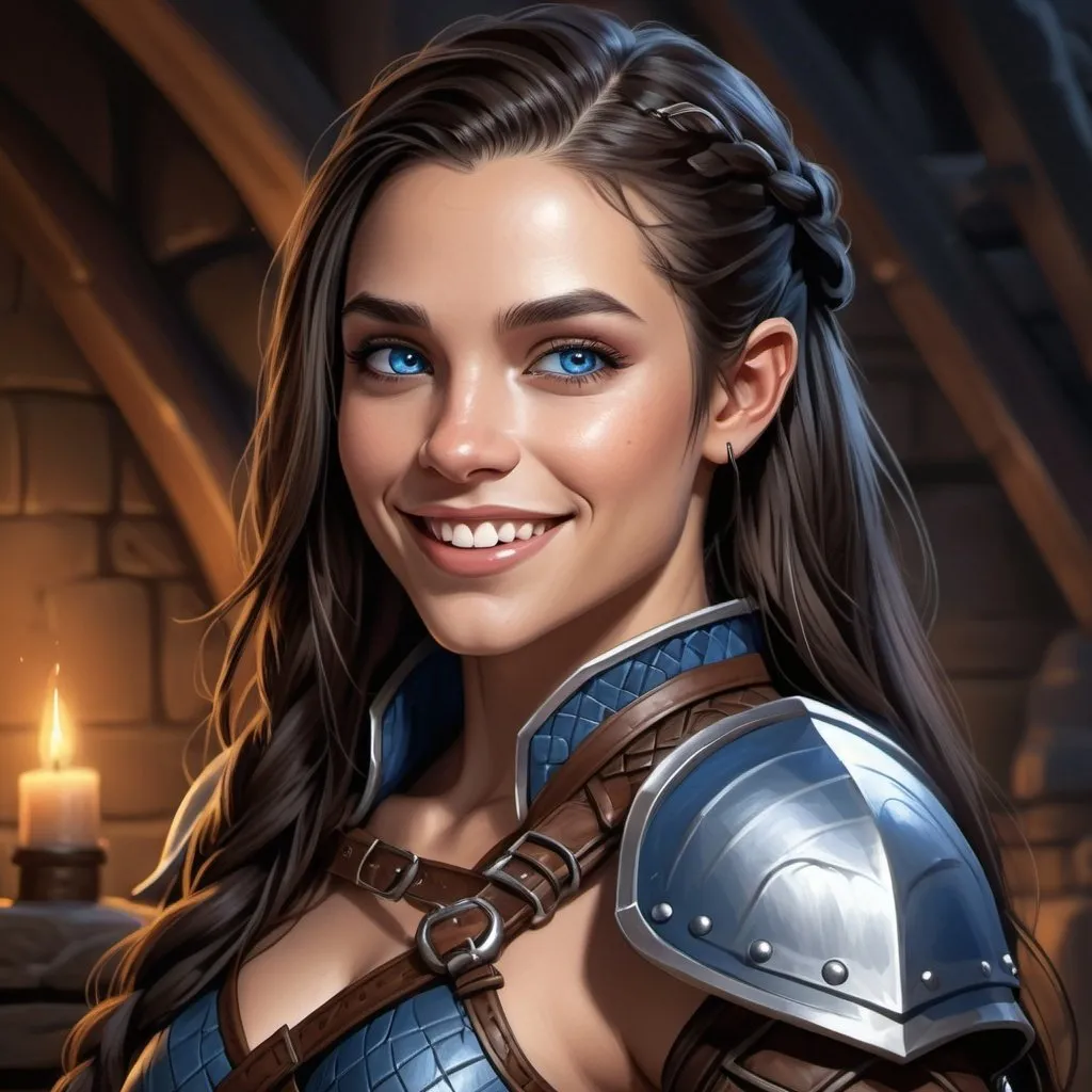 Prompt: Beautiful, female half-orc, long dark hair in a side plait down shoulder, blue eyes, leather armor, bare shoulders, smiling, small tusks, adventurous, fantasy, portrait, high quality, fantasy style, detailed features, warm lighting