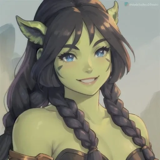Prompt: Beautiful, female, half-orc, green skin, has small tusks, long dark hair in a side plait down shoulder, blue eyes, leather armor, bare shoulders, smiling, adventurous, fantasy, portrait, high quality, fantasy style, detailed features, warm lighting, realistic, model has small tusks,