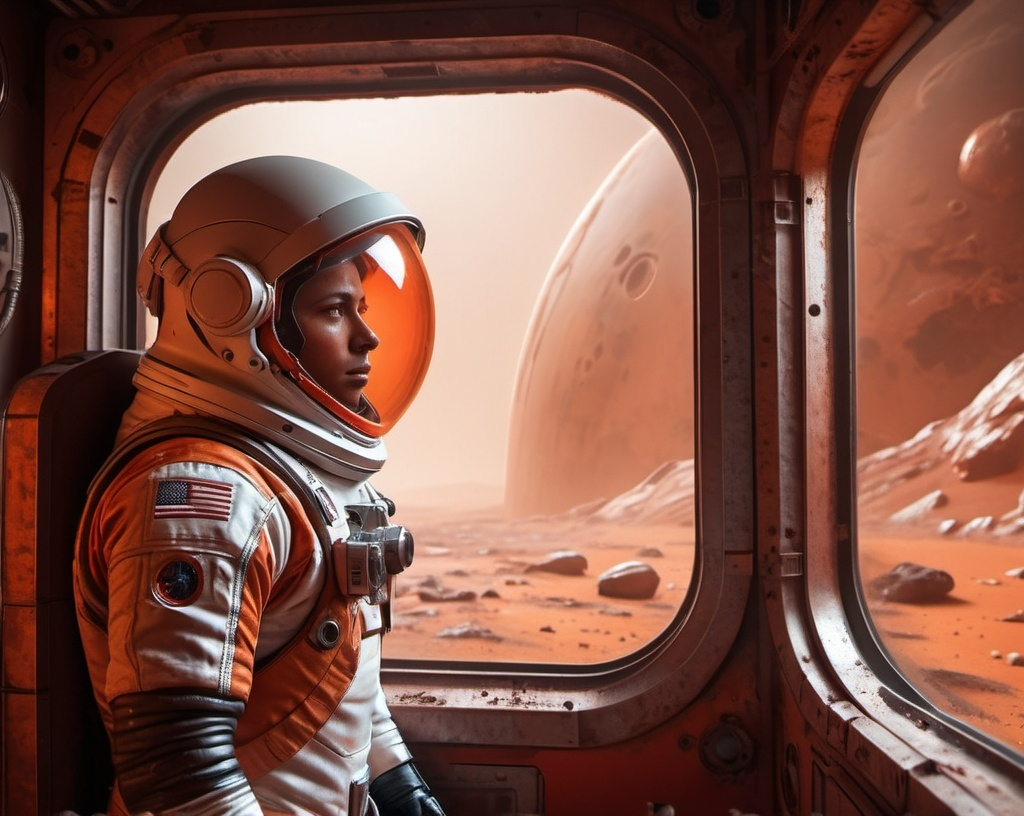 Prompt: a Sci-fi  astronaut looking outside trough a rusty window on Mars, in a base, futuristic metallic materials, red and orange tones, high quality, 8k, ultra-detailed,  futuristic, metallic textures, dynamic lighting, dust storm, professional realistic photography, photorealistic, indoor