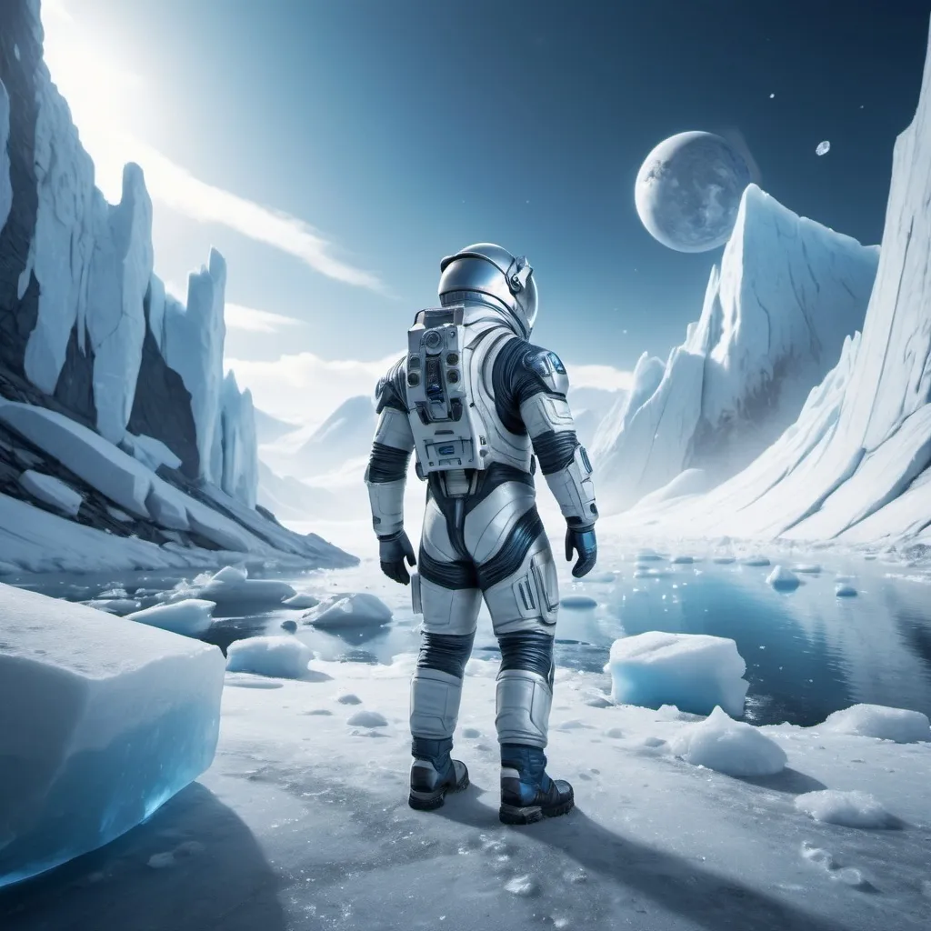 Prompt: astronaut working in a Sci-fi icy valley at one arctic planet, futuristic metallic materials, white and blue tones, high quality, 8k, ultra-detailed, futuristic, metallic textures, full of snow, dynamic lighting, professional realistic photography, photorealistic, outdoor view