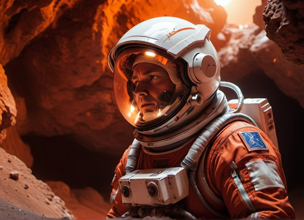 Prompt: closeup with a Sci-fi astronaut hit by a rock in a underground mine on Mars, futuristic metallic materials, red and orange tones, high quality, 8k, ultra-detailed, futuristic, metallic textures, full of dust, dynamic lighting, professional realistic photography, photorealistic, intdoor, from behind