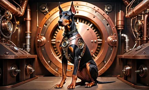 Prompt: one cyber Doberman steampunk stile, futuristic metallic materials, high quality, 8k, ultra-detailed, futuristic, metallic textures, brown and copper tones, dynamic lighting, professional realistic photography, photorealistic, steampunk pet shop rusty background, view of full body