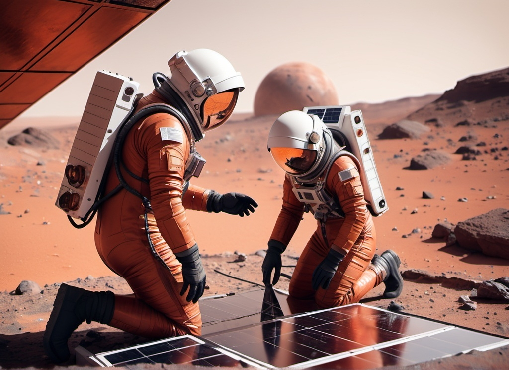 Prompt: closeup with 2 Sci-fi astronauts repairing a rusty solar panel in a base on Mars, futuristic metallic materials, red and orange tones, high quality, 8k, ultra-detailed, futuristic, metallic textures, full of dust, dynamic lighting, professional realistic photography, photorealistic, outdoor, from behind