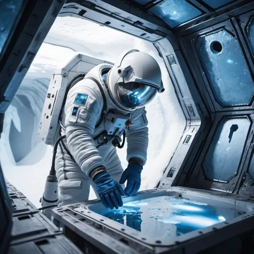 Prompt: astronaut repairing a panel in a Sci-fi ice mine at one arctic planet, futuristic metallic materials, white and blue tones, high quality, 8k, ultra-detailed, futuristic, metallic textures, full of snow, dynamic lighting, professional realistic photography, photorealistic, outdoor view