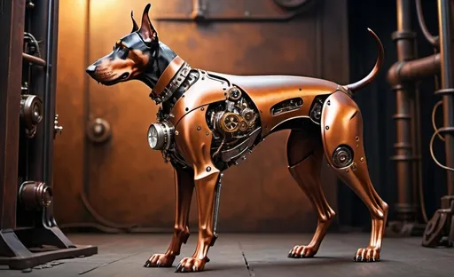 Prompt: one cyber Doberman with metallic rusty body and metallic legs steampunk stile, futuristic metallic materials, high quality, 8k, ultra-detailed, futuristic, metallic textures, brown and copper tones, dynamic lighting, professional realistic photography, photorealistic, steampunk pet shop rusty background, see full body