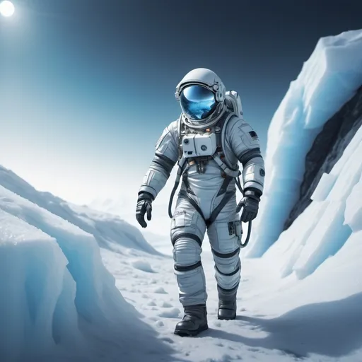 Prompt: astronaut working in a Sci-fi icy hill at one arctic planet, futuristic metallic materials, white and blue tones, high quality, 8k, ultra-detailed, futuristic, metallic textures, full of snow, dynamic lighting, professional realistic photography, photorealistic, outdoor view