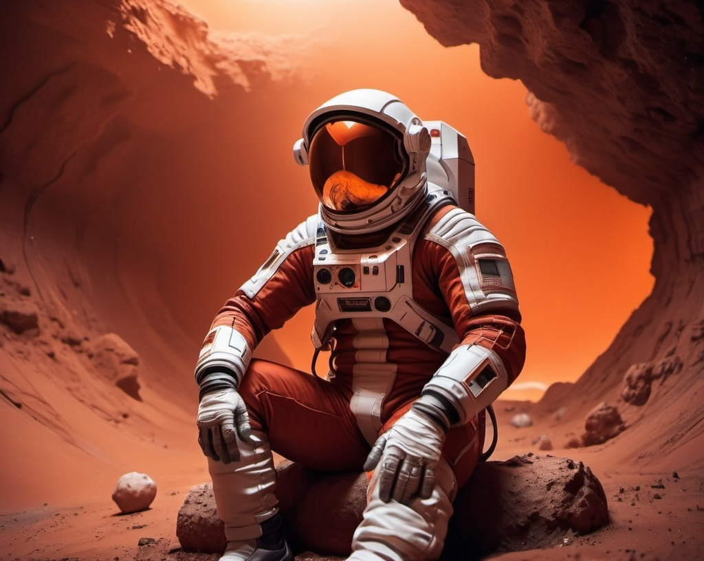 Prompt: a Sci-fi  astronaut siting on Mars, in a mine, futuristic metallic materials, red and orange tones, high quality, 8k, ultra-detailed,  futuristic, metallic textures, dynamic lighting, dust storm, professional realistic photography, photorealistic, indoor