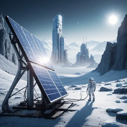 Prompt: astronaut working at a solar panel outside in a frosty rocky valley near one Sci-fi city with tall buildings on arctic planet, futuristic metallic materials, white and blue tones, high quality, 8k, ultra-detailed, futuristic, metallic textures, full of snow, dynamic lighting, professional realistic photography, photorealistic, outdoor by night