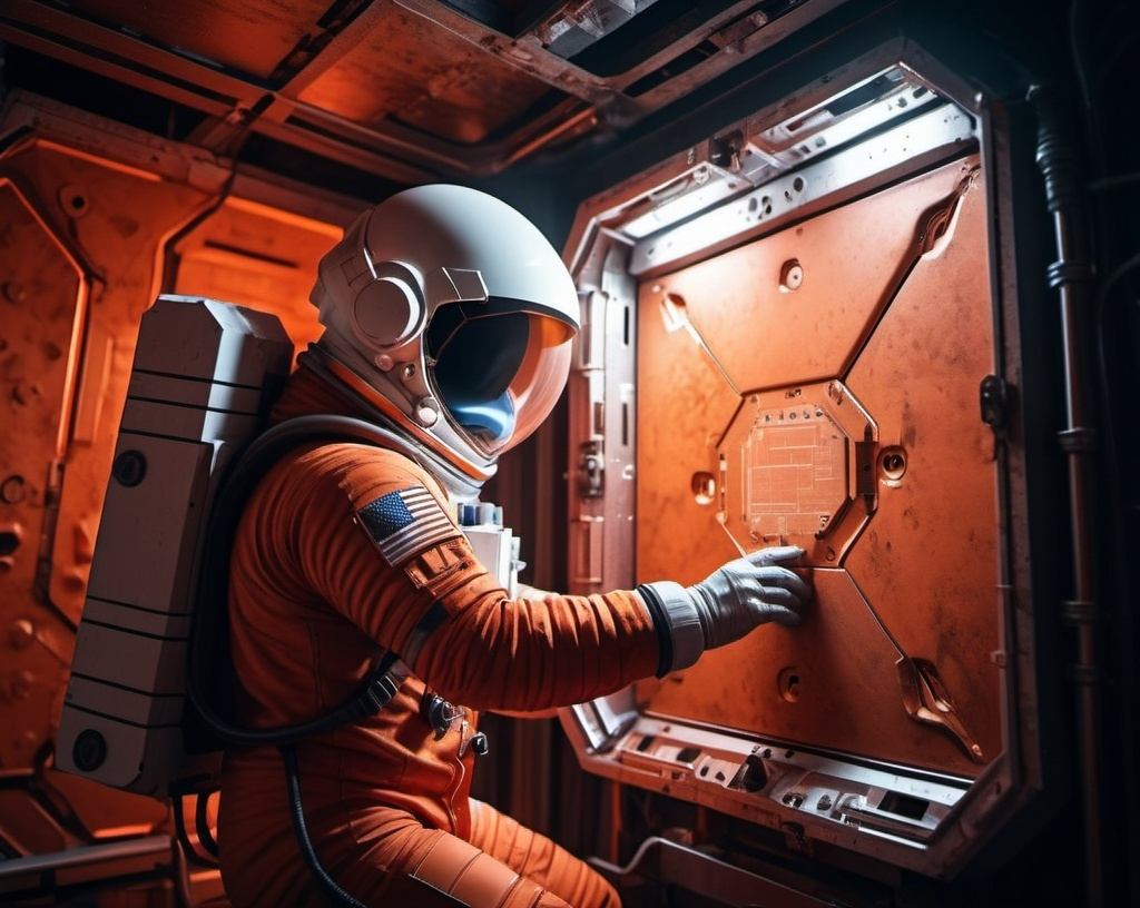 Prompt: a Sci-fi  astronaut repairing a panel on Mars, inside a mine shaft, futuristic metallic materials, red and orange tones, high quality, 8k, ultra-detailed,  futuristic, metallic textures, dynamic lighting, professional realistic photography, photorealistic, indoor, from behind