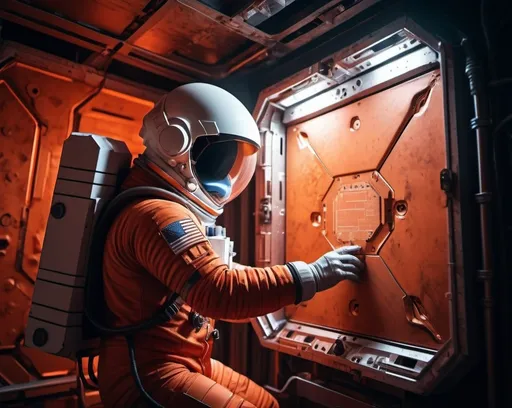 Prompt: a Sci-fi  astronaut repairing a panel on Mars, inside a mine shaft, futuristic metallic materials, red and orange tones, high quality, 8k, ultra-detailed,  futuristic, metallic textures, dynamic lighting, professional realistic photography, photorealistic, indoor, from behind