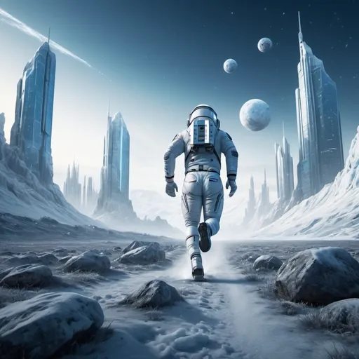 Prompt: astronaut running in a frosty rocky valley near one Sci-fi city with tall buildings on arctic planet, futuristic metallic materials, white and blue tones, high quality, 8k, ultra-detailed, futuristic, metallic textures, full of snow, dynamic lighting, professional realistic photography, photorealistic, outdoor by night, view from behind