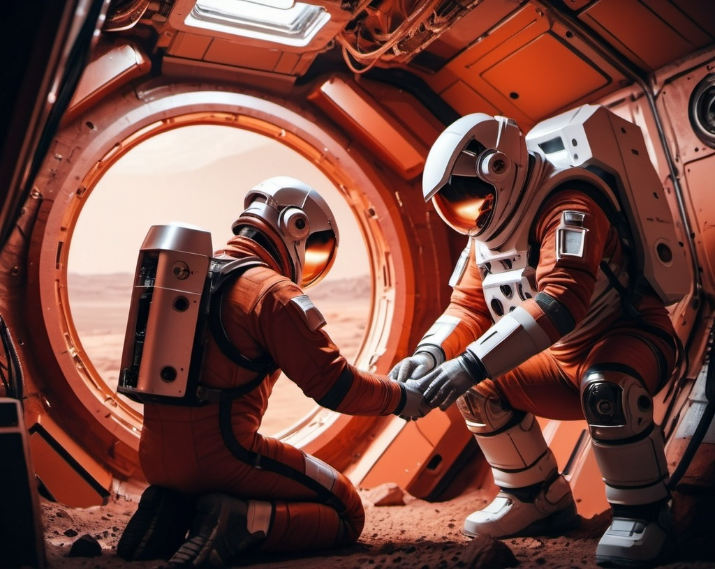 Prompt:  a Sci-fi  astronaut repairing a robot on Mars, inside a mine, futuristic metallic materials, red and orange tones, high quality, 4k, ultra-detailed,  futuristic, metallic textures, dynamic lighting, professional realistic photography, indoor, from behind