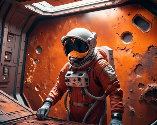 Prompt: a Sci-fi  astronaut repairing a rusty panel on Mars, in a mine, futuristic metallic materials, red and orange tones, high quality, 8k, ultra-detailed,  futuristic, metallic textures, dynamic lighting, dust storm, professional realistic photography, photorealistic, indoor