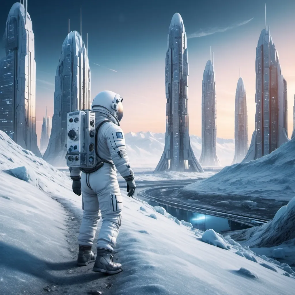 Prompt: astronaut working outside in a frosty valley near one Sci-fi city with tall buildings on arctic planet, futuristic metallic materials, white and blue tones, high quality, 8k, ultra-detailed, futuristic, metallic textures, full of snow, dynamic lighting, professional realistic photography, photorealistic, outdoor on sunset