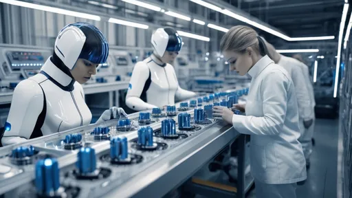 Prompt: humans inspecting cyborg parts on the assembly line inside a Sci-Fi industrial plant, futuristic metallic materials, white and blue tones, high quality, 8k resolution, sharp contrast, ultra-detailed, futuristic, metallic textures, dynamic lighting, professional realistic photography, photorealistic