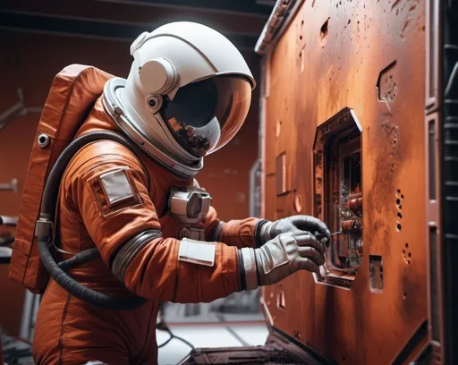 Prompt: a Sci-fi  astronaut repairing a rusty panel on Mars, in a base, futuristic metallic materials, red and orange tones, high quality, 8k, ultra-detailed,  futuristic, metallic textures, dynamic lighting, dust storm, professional realistic photography, photorealistic, indoor