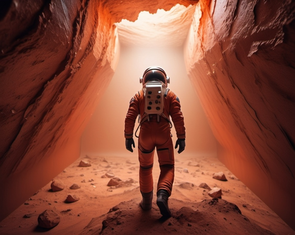 Prompt: a Sci-fi  astronaut climbing on Mars, inside a mine, futuristic metallic materials, red and orange tones, high quality, 8k, ultra-detailed,  futuristic, metallic textures, dynamic lighting, dust storm, professional realistic photography, photorealistic, indoor, from behind