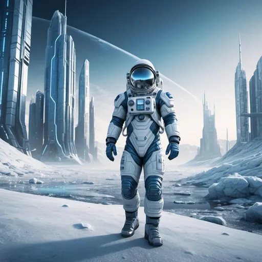 Prompt: astronaut working outside in a frosty valley near one Sci-fi city with tall buildings on arctic planet, futuristic metallic materials, white and blue tones, high quality, 8k, ultra-detailed, futuristic, metallic textures, full of snow, dynamic lighting, professional realistic photography, photorealistic, outdoor by night