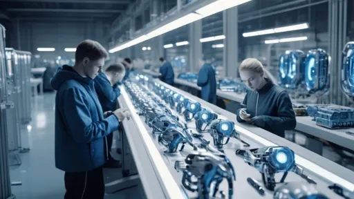 Prompt: humans inspecting cyborg parts on the assembly line inside a Sci-Fi industrial plant, futuristic metallic materials, white and blue tones, high quality, 8k resolution, sharp contrast, ultra-detailed, futuristic, metallic textures, dynamic lighting, professional realistic photography, photorealistic