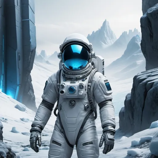 Prompt: astronaut working at a panel outside in a frosty rocky valley near one Sci-fi city with tall buildings on arctic planet, futuristic metallic materials, white and blue tones, high quality, 8k, ultra-detailed, futuristic, metallic textures, full of snow, dynamic lighting, professional realistic photography, photorealistic, outdoor by night