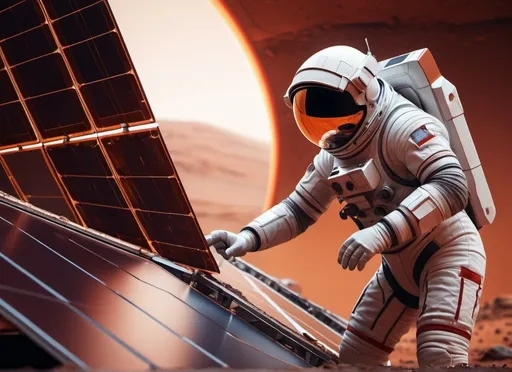 Prompt: closeup with a Sci-fi astronaut repairing a rusty solar panel in a base on Mars, futuristic metallic materials, red and orange tones, high quality, 8k, ultra-detailed, futuristic, metallic textures, full of dust, dynamic lighting, professional realistic photography, photorealistic, outdoor, from behind