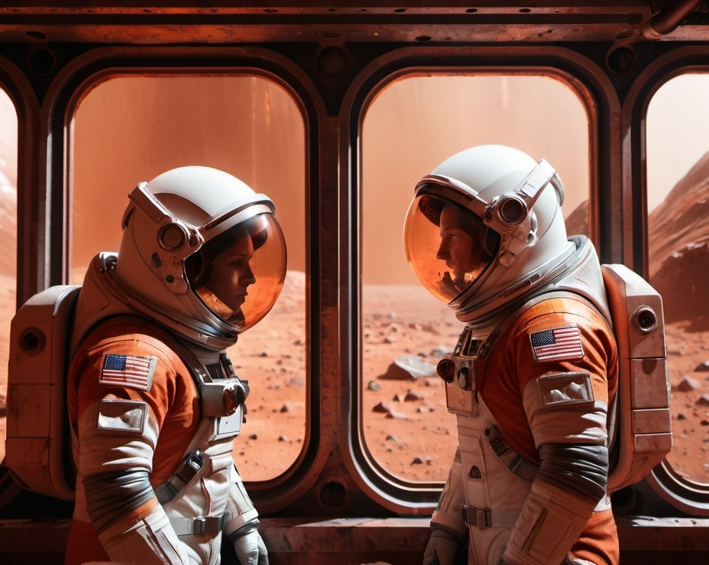 Prompt: 2 Sci-fi  astronauts looking each other trough a rusty window on Mars, in a base, futuristic metallic materials, red and orange tones, high quality, 8k, ultra-detailed,  futuristic, metallic textures, dynamic lighting, dust storm, professional realistic photography, photorealistic, indoor