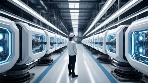 Prompt: humans inspect some cyborg parts on the assembly line inside a Sci-Fi industrial plant, futuristic metallic materials, white and blue tones, high quality, 8k resolution, sharp contrast, ultra-detailed, futuristic, metallic textures, dynamic lighting, professional realistic photography, photorealistic