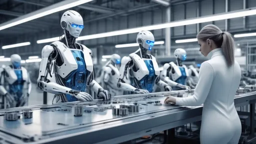 Prompt: inspecting cyborg parts on the assembly line inside a Sci-Fi industrial plant, futuristic metallic materials, white and blue tones, high quality, 8k resolution, sharp contrast, ultra-detailed, futuristic, metallic textures, dynamic lighting, professional realistic photography, photorealistic