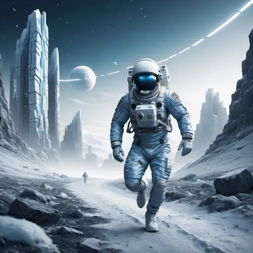 Prompt: astronaut running in a frosty rocky valley near one Sci-fi city with tall buildings on arctic planet, futuristic metallic materials, white and blue tones, high quality, 8k, ultra-detailed, futuristic, metallic textures, full of snow, dynamic lighting, professional realistic photography, photorealistic, outdoor by night