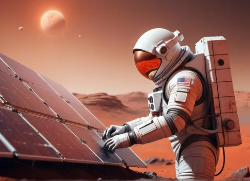 Prompt: closeup with a Sci-fi astronaut repairing a rusty solar panel in a base on Mars, futuristic metallic materials, red and orange tones, high quality, 8k, ultra-detailed, futuristic, metallic textures, full of dust, dynamic lighting, professional realistic photography, photorealistic, outdoor, from behind