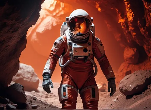 Prompt: a Sci-fi astronaut wounded by a rock in a underground mine on Mars, futuristic metallic materials, red and orange tones, high quality, 8k, ultra-detailed, futuristic, metallic textures, full of dust, dynamic lighting, professional realistic photography, photorealistic, intdoor, from behind