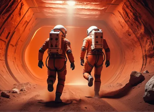 Prompt: 2 Sci-fi astronauts running in a mine on Mars, futuristic metallic materials, red and orange tones, high quality, 8k, ultra-detailed, futuristic, metallic textures, full of dust, dynamic lighting, professional realistic photography, photorealistic, indoor, from behind