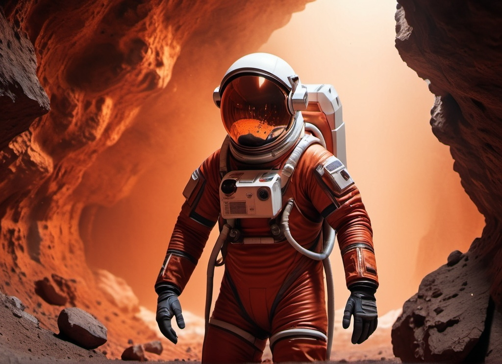 Prompt: a Sci-fi astronaut hit by a rock in a underground mine on Mars, futuristic metallic materials, red and orange tones, high quality, 8k, ultra-detailed, futuristic, metallic textures, full of dust, dynamic lighting, professional realistic photography, photorealistic, intdoor, from behind