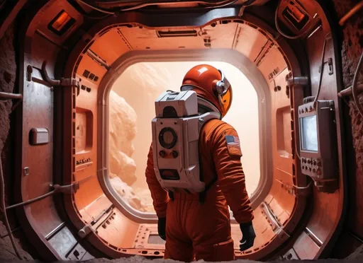 Prompt: a Sci-fi astronaut repairing an extraction machine in a underground mine on Mars, futuristic metallic materials, red and orange tones, high quality, 8k, ultra-detailed, futuristic, metallic textures, full of dust, dynamic lighting, professional realistic photography, photorealistic, outdoor, from behind