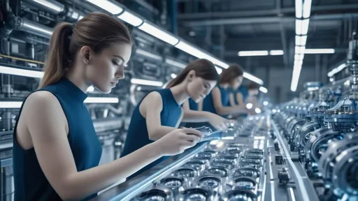 Prompt: humans inspecting cyborg parts on the assembly line inside a Sci-Fi industrial plant, futuristic metallic materials, white and blue tones, high quality, 8k resolution, sharp contrast, ultra-detailed, futuristic, metallic textures, dynamic lighting, professional realistic photography, photorealistic