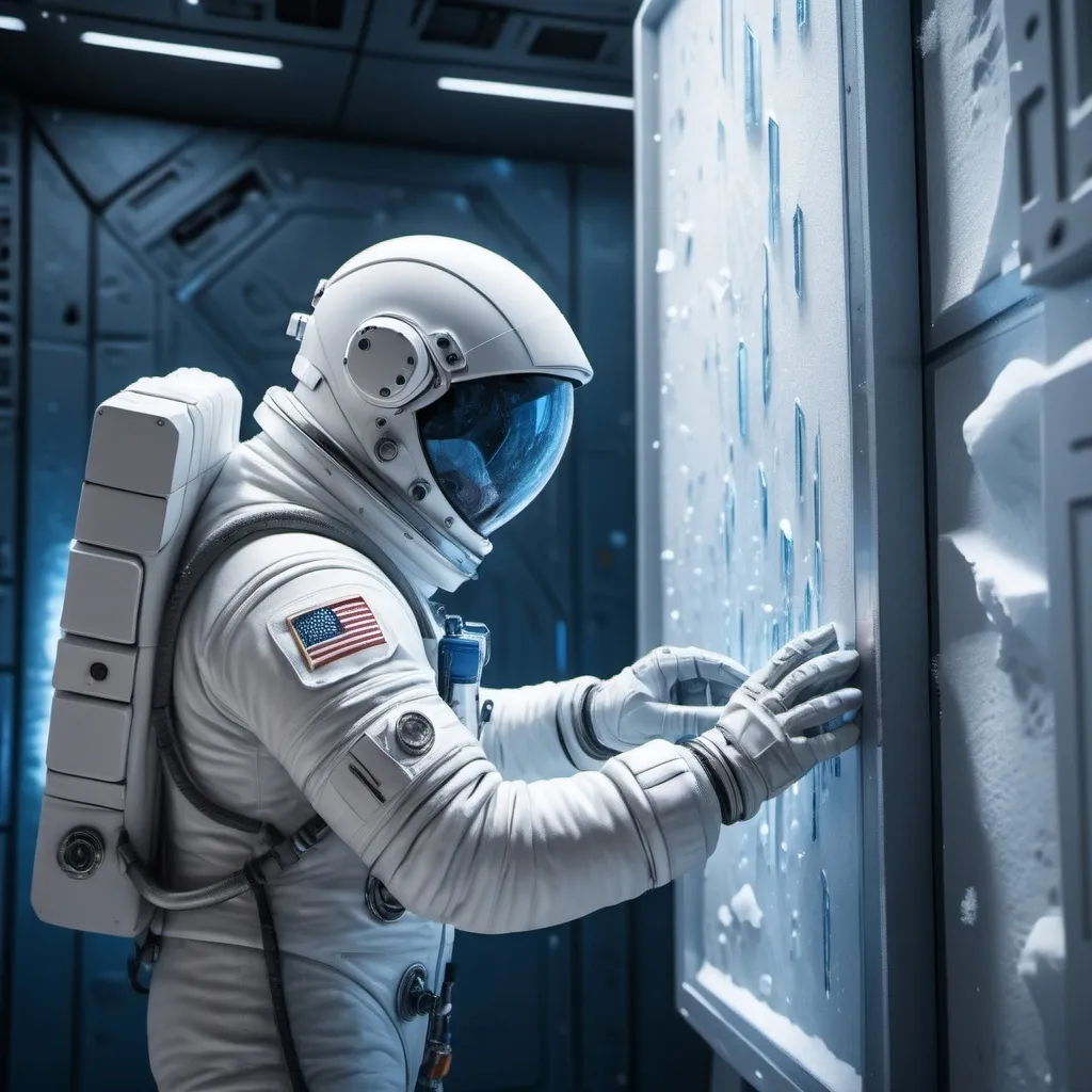 Prompt: astronaut working on a vertical panel on a wall outside in a Sci-fi frozen base at one arctic planet, futuristic metallic materials, white and blue tones, high quality, 8k, ultra-detailed, futuristic, metallic textures, full of snow, dynamic lighting, professional realistic photography, photorealistic, outdoor view