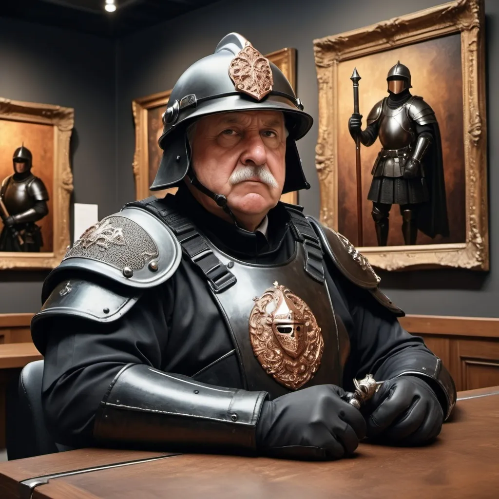 Prompt: thick old security guard with modern black swat helmet having a medieval mace in his left hand, siting on a desk in one painting exposition, high quality, 8k, ultra-detailed, metallic textures, brown and copper tones, dynamic lighting, professional realistic photography, photo-realistic, background painting exposition, hyper-realistic face