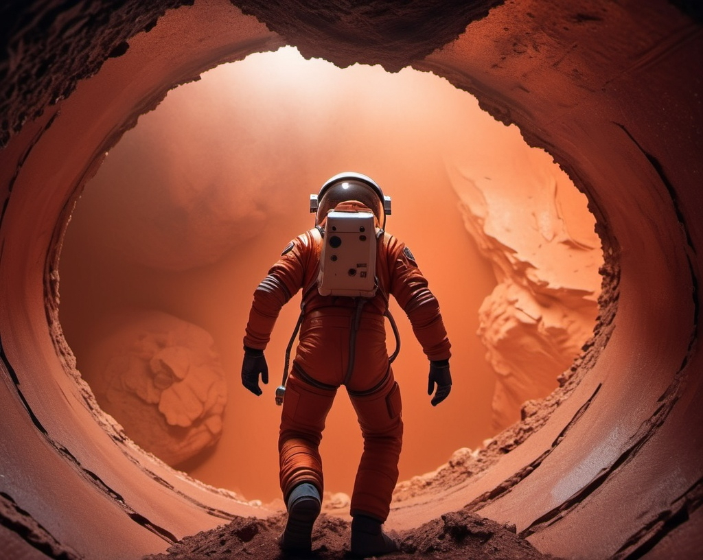 Prompt: a Sci-fi  astronaut climbing on Mars, inside a sinkhole in a mine, futuristic metallic materials, red and orange tones, high quality, 8k, ultra-detailed,  futuristic, metallic textures, dynamic lighting, dust storm, professional realistic photography, photorealistic, indoor, from behind