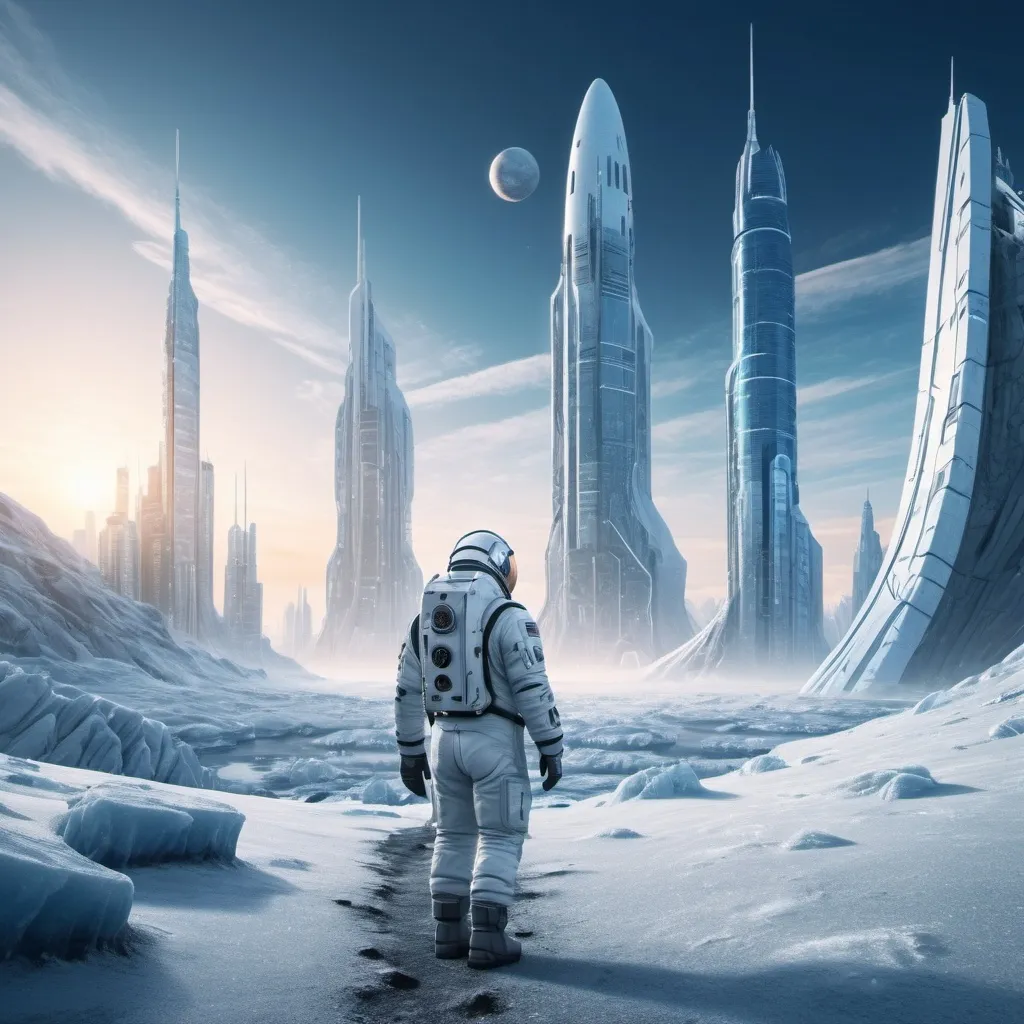 Prompt: astronaut working outside in a frosty valley near one Sci-fi city with tall buildings on arctic planet, futuristic metallic materials, white and blue tones, high quality, 8k, ultra-detailed, futuristic, metallic textures, full of snow, dynamic lighting, professional realistic photography, photorealistic, outdoor on sunset