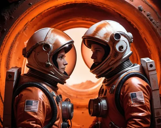 Prompt: 2 Sci-fi  astronauts looking each other in a rusty shaft mine on Mars, futuristic metallic materials, red and orange tones, high quality, 8k, ultra-detailed,  futuristic, metallic textures, dynamic lighting, dust storm, professional realistic photography, photorealistic, indoor