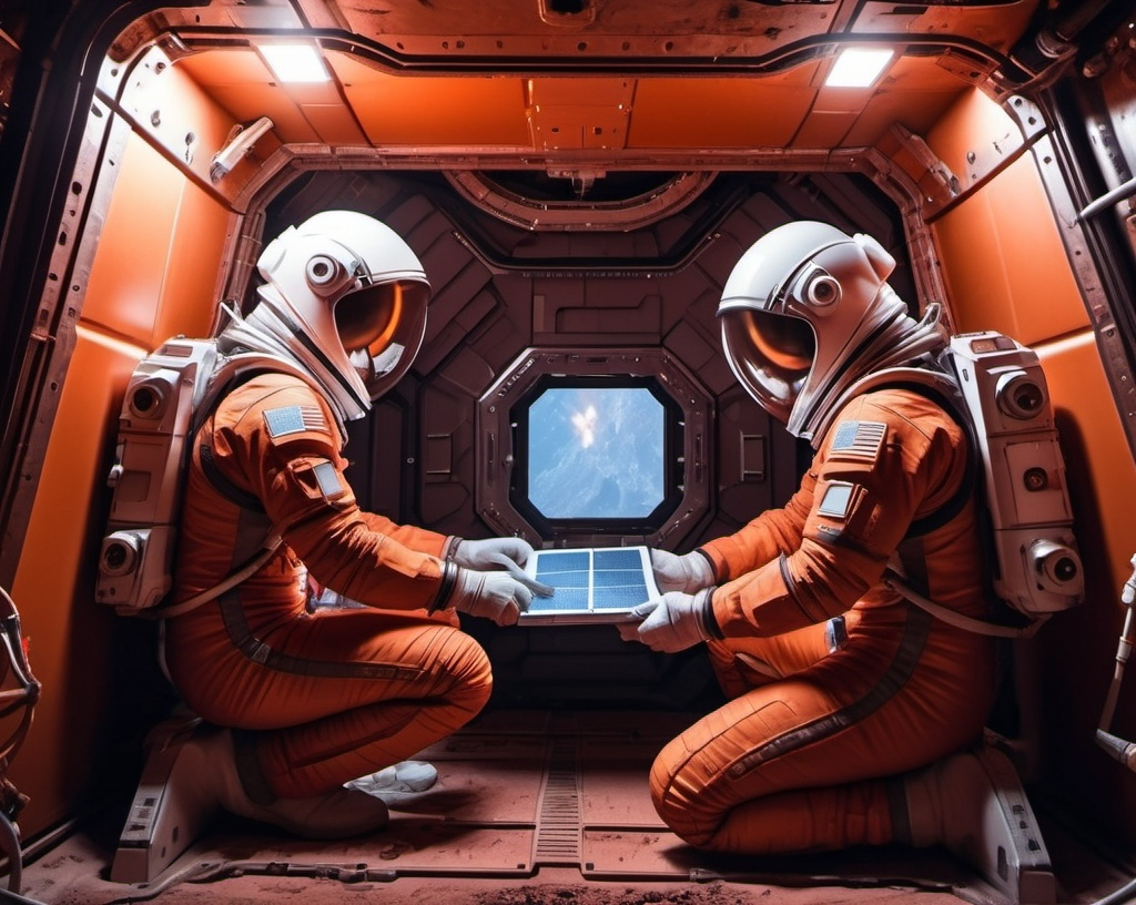 Prompt: 1 Sci-fi  astronauts repairing a panel on Mars, inside a mine shaft, futuristic metallic materials, red and orange tones, high quality, 8k, ultra-detailed,  futuristic, metallic textures, dynamic lighting, professional realistic photography, indoor, from behind