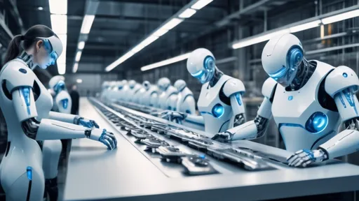 Prompt: humans inspecting cyborg parts on the assembly line inside a Sci-Fi industrial plant, futuristic metallic materials, white and blue tones, high quality, 8k resolution, sharp contrast, ultra-detailed, futuristic, metallic textures, dynamic lighting, professional realistic photography, photorealistic